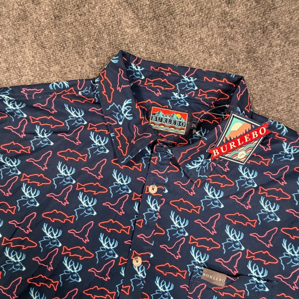 NEW Burlebo Mens 2XL Performance Button Up Shirt Neon Deer Fish Duck Print 0789